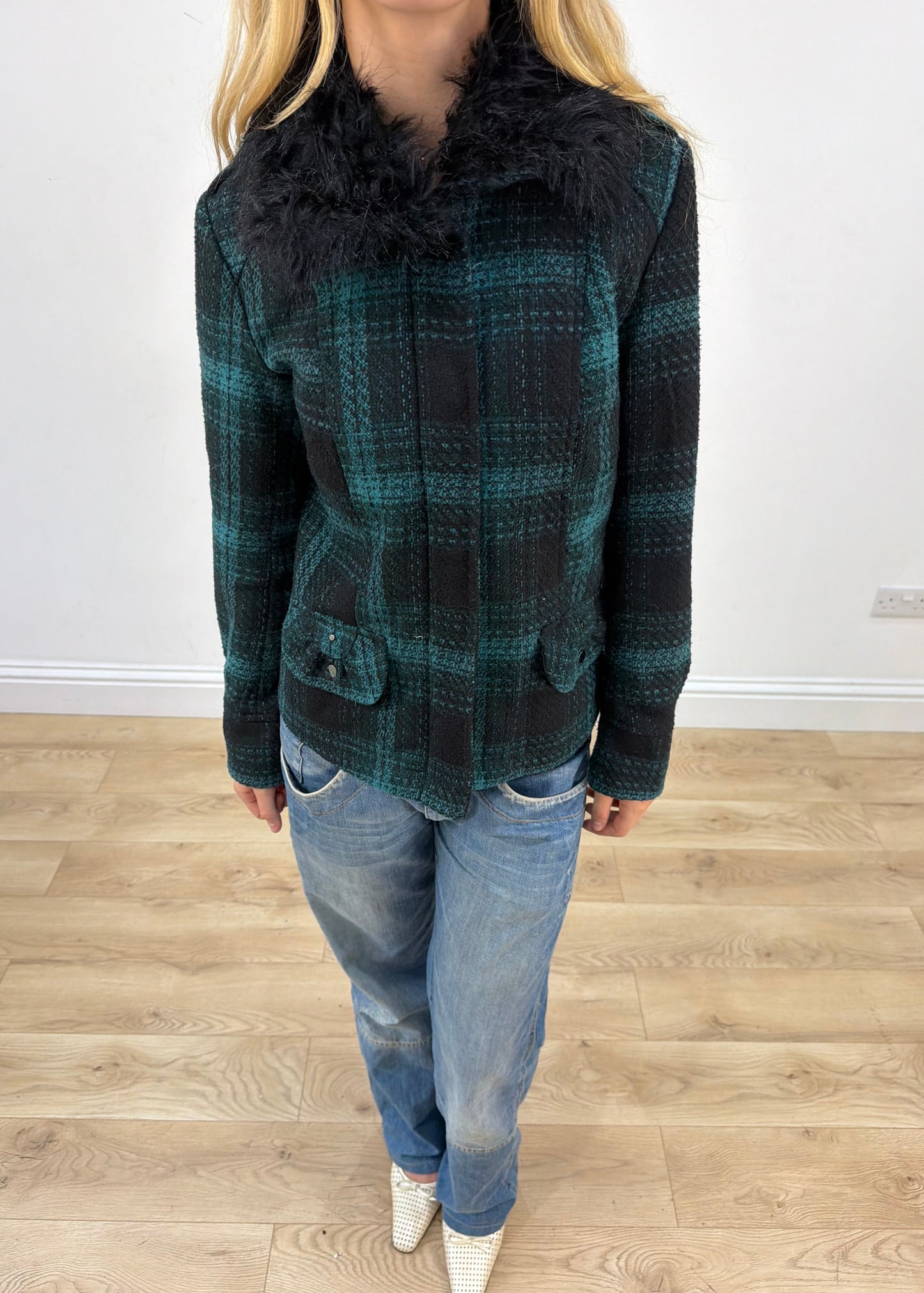 small yessica green tartan faux fur collar jacket image 2
