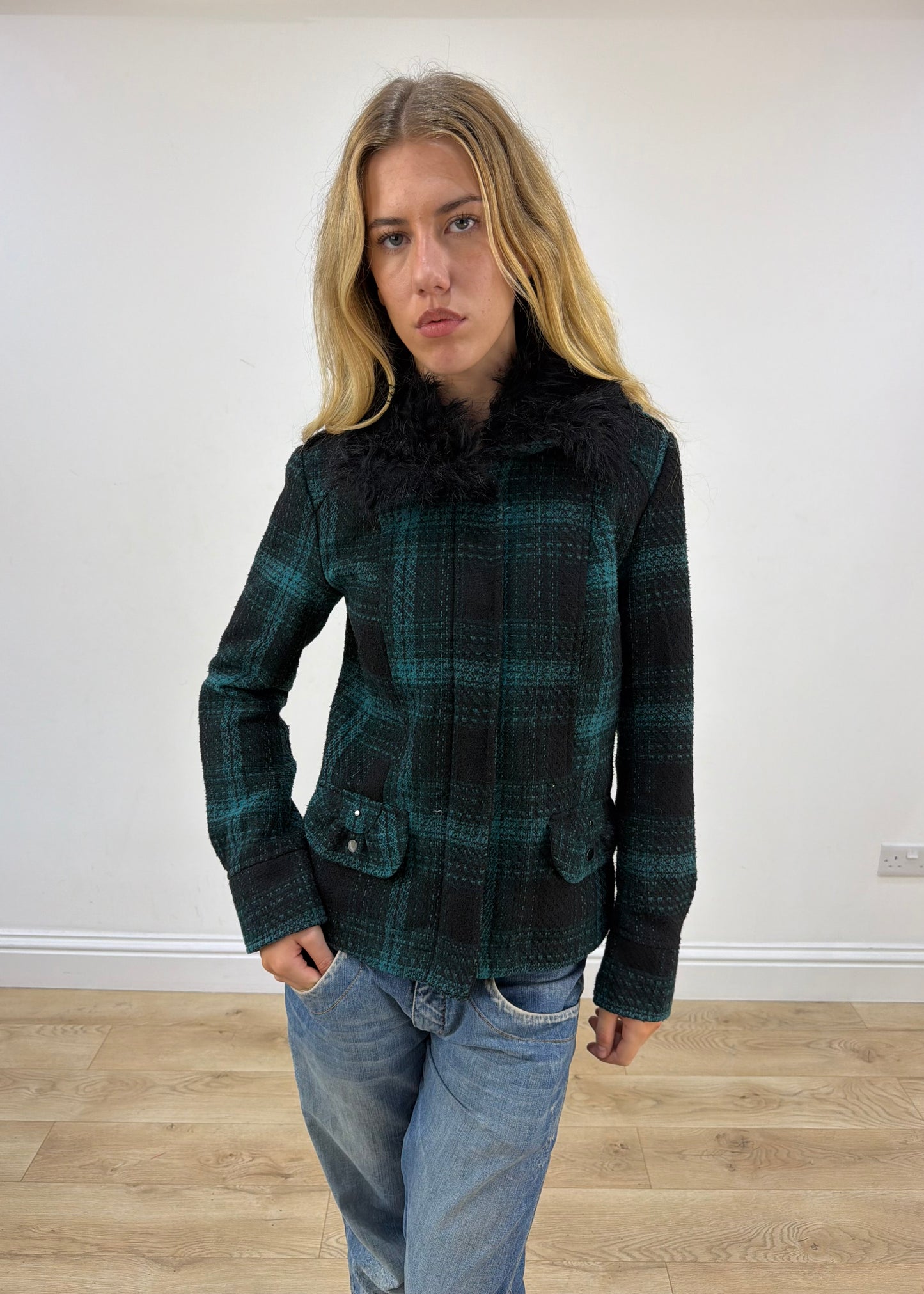 small yessica green tartan faux fur collar jacket image 3