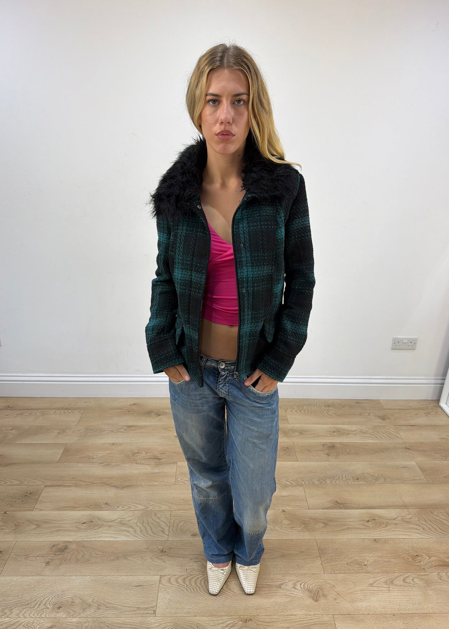 small yessica green tartan faux fur collar jacket image 4