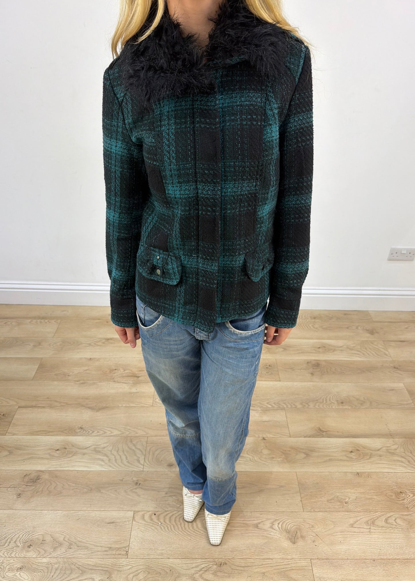 small yessica green tartan faux fur collar jacket image 5