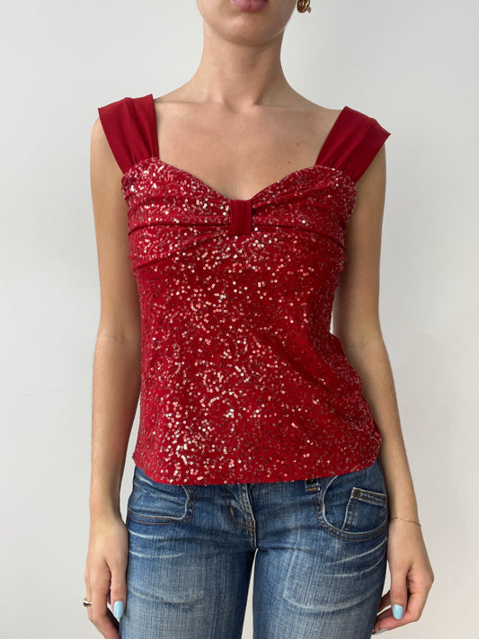 vintage edit thirty | small red sequin vest with ruched bust detail