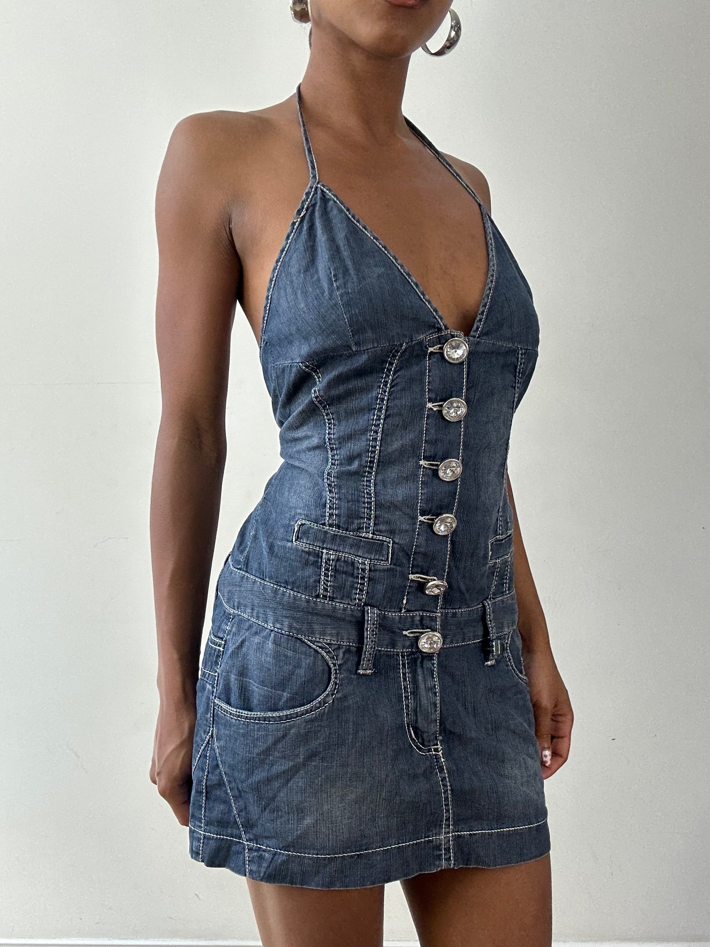 vintage edit twenty-seven | small denim halterneck mini dress with diamanté buttons