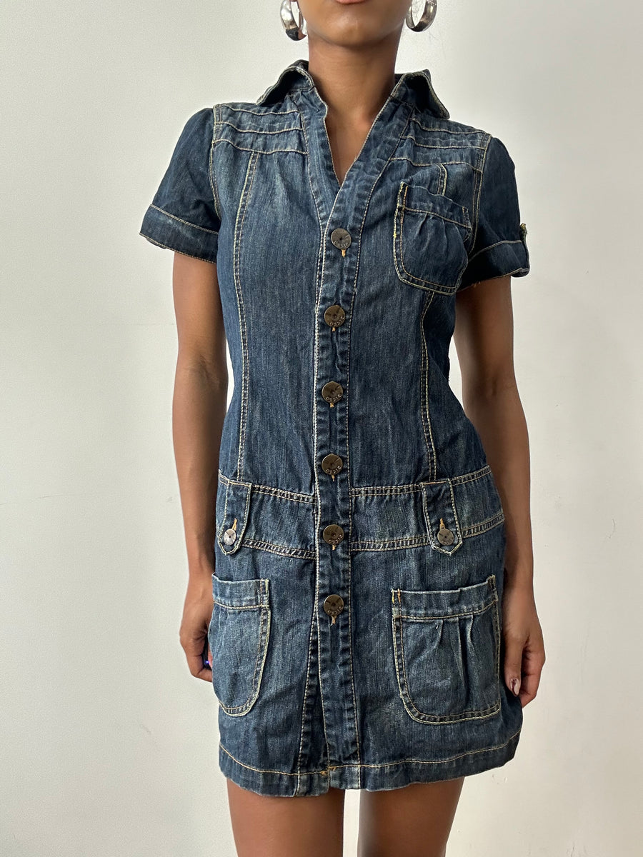 midsummer edit | medium blue denim button up mini dress