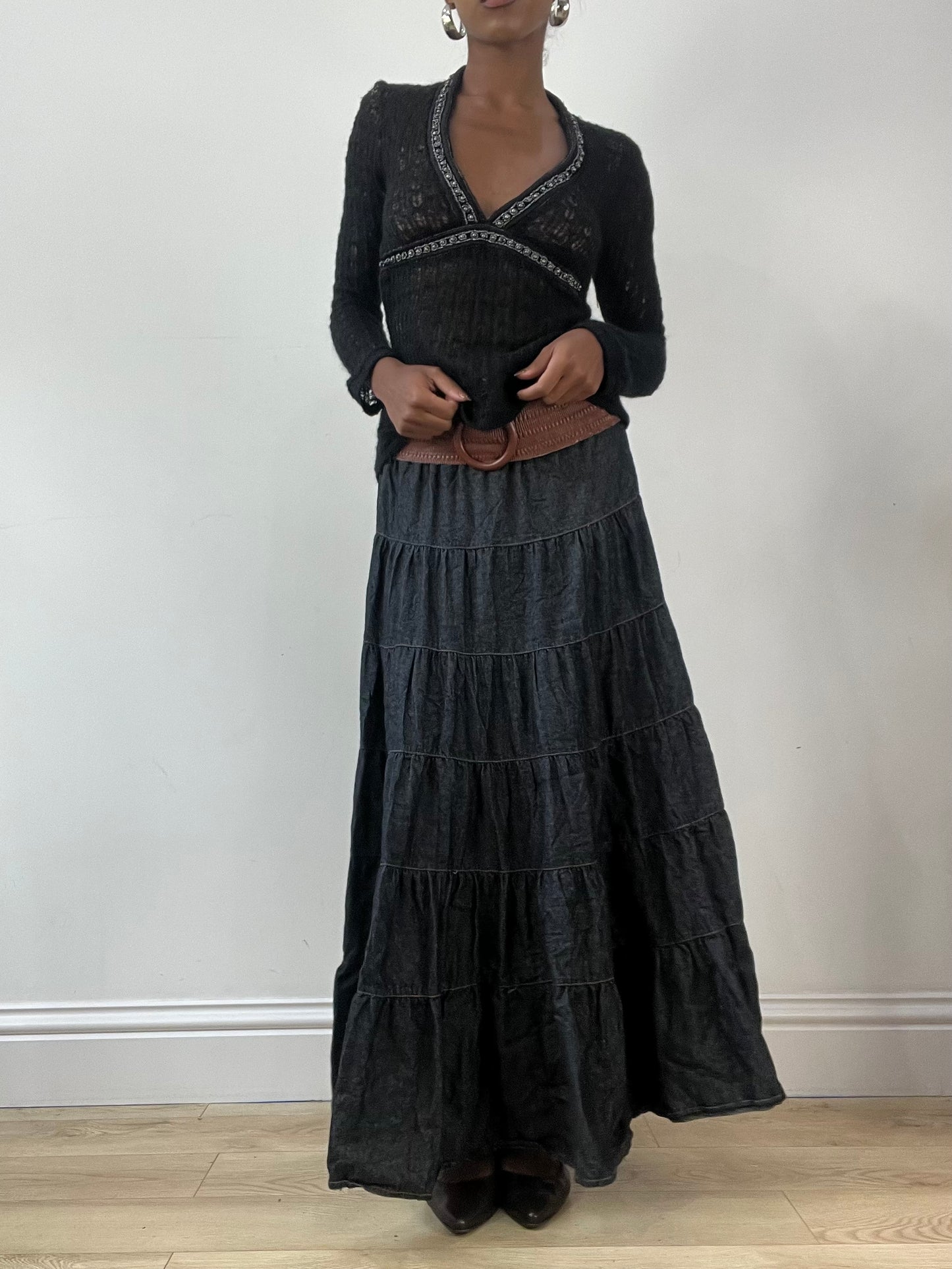 LFW edit | small blue tiered denim maxi skirt with built in braided belt