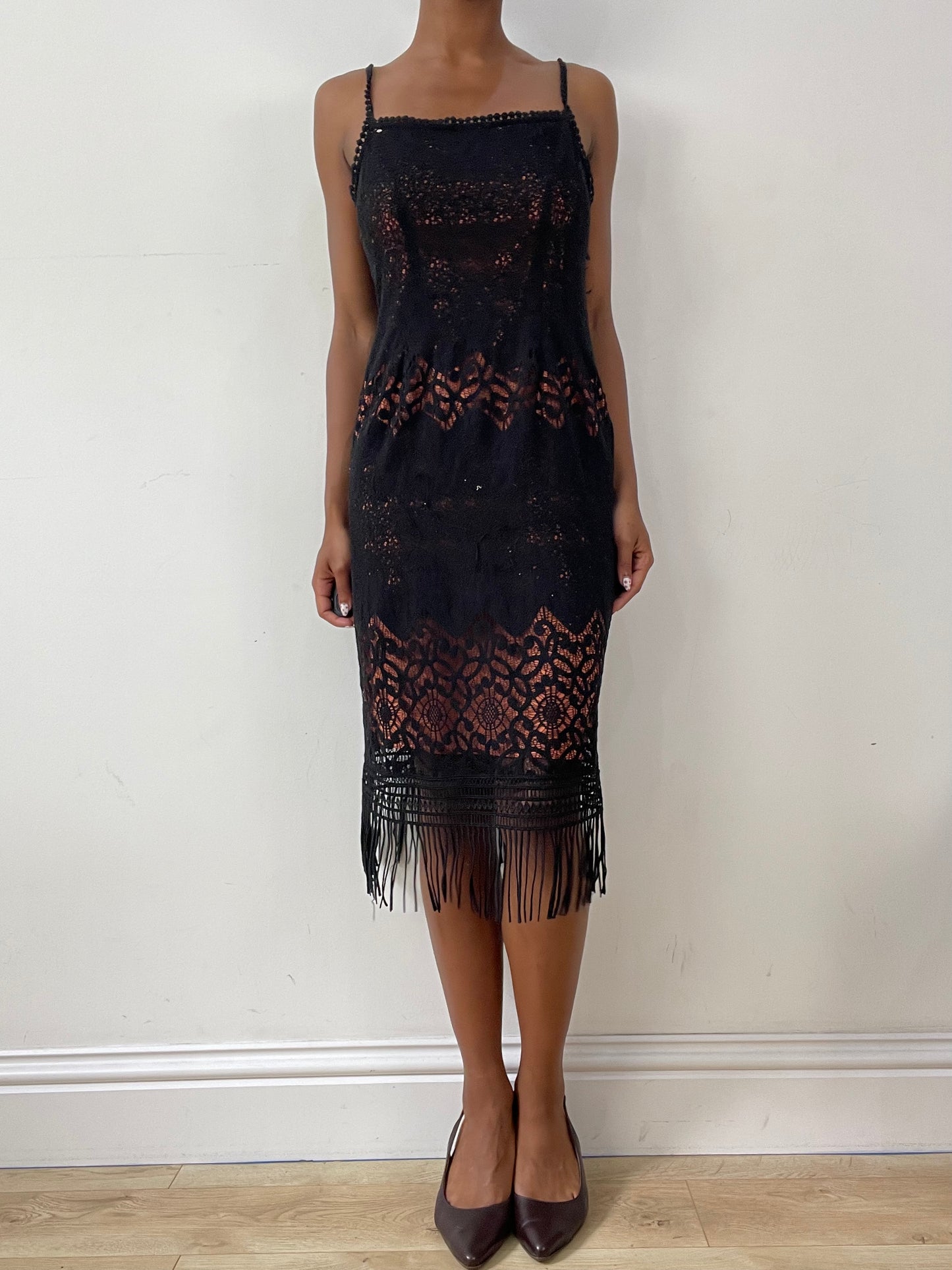 vintage edit twenty-nine | small black crotchet midi dress with fringe hem detail