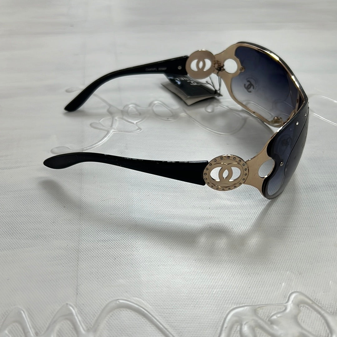 COCONUT GIRL DROP | black chanel style sunglasses with gold detail and diamantés