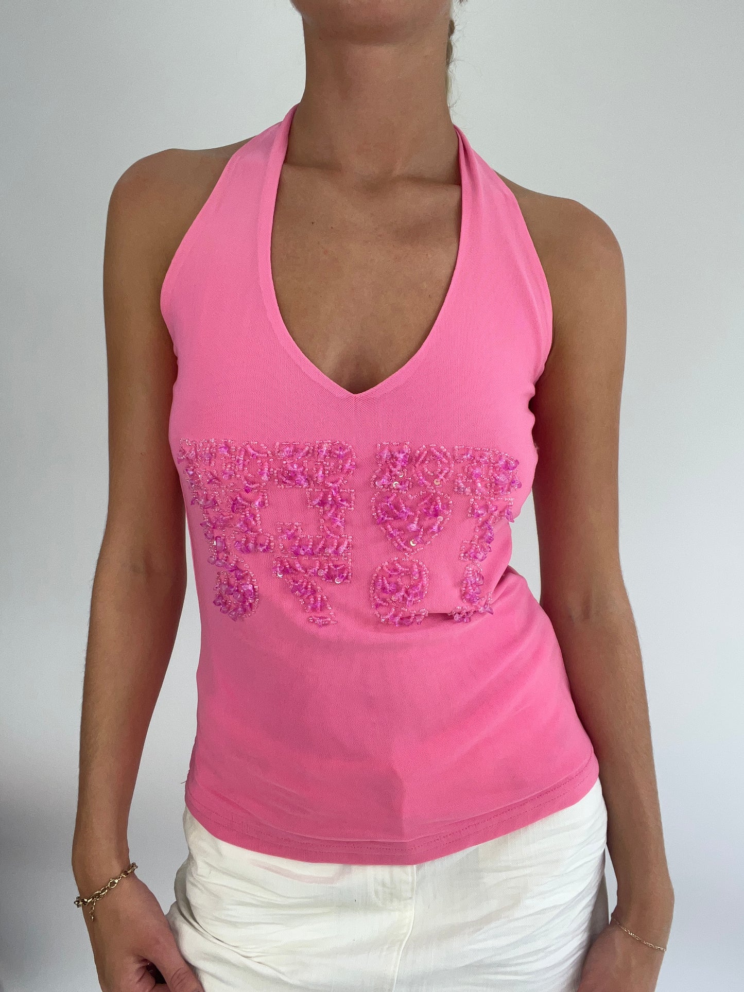 BRITISH SUMMER GIRL DROP | medium pink halterneck top with sequin beads