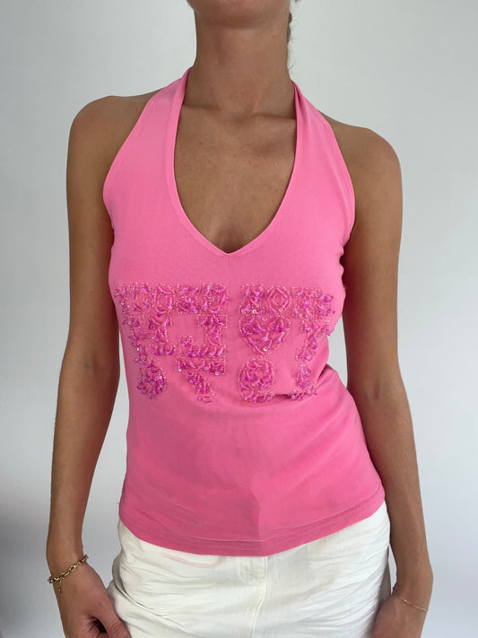 BRITISH SUMMER GIRL DROP | medium pink halterneck top with sequin beads