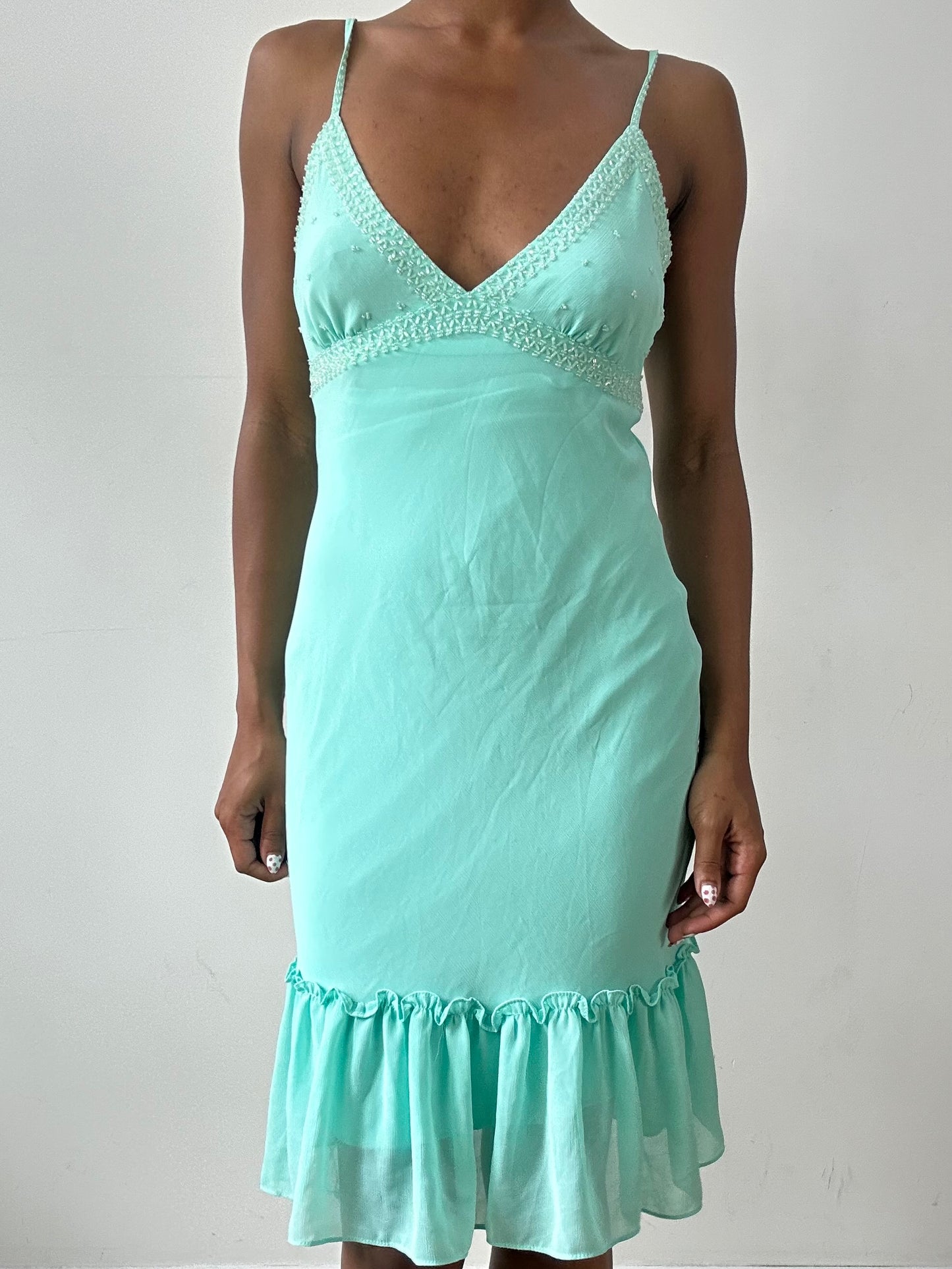 vintage edit twenty-nine | small teal blue midi dress with beading detail