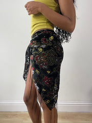 vintage edit twenty-five | one size black wrap skirt with embroidery and tassel detail