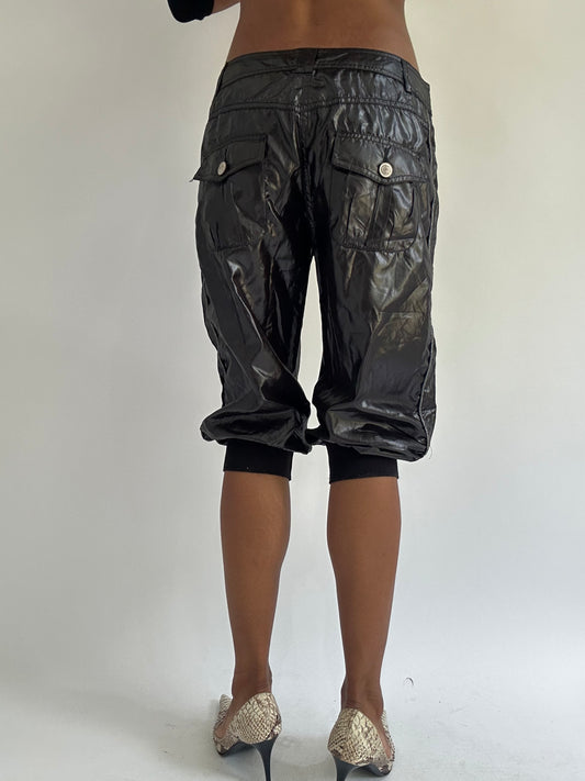 euro trash | small black leather style cropped cargo trousers