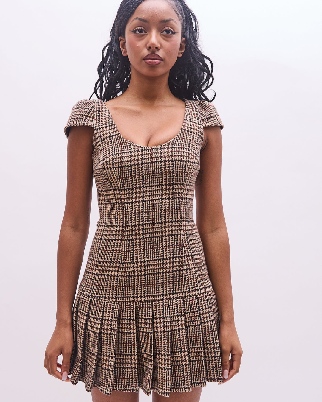 the alma dress in brown tartan