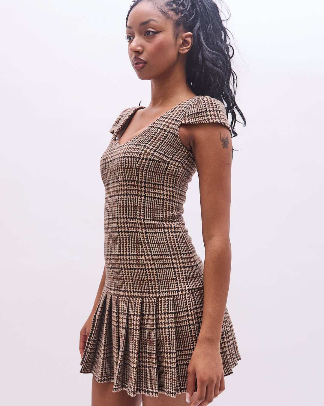 the alma dress in brown tartan