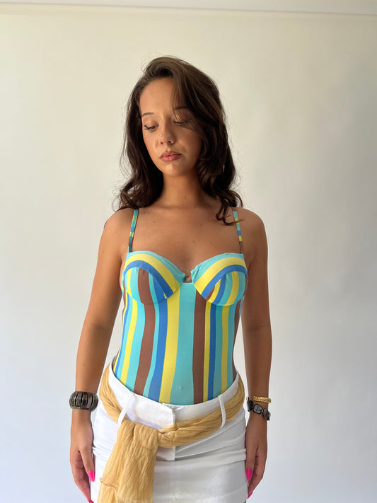 SATC drop | traje de baño de rayas azul y amarillo