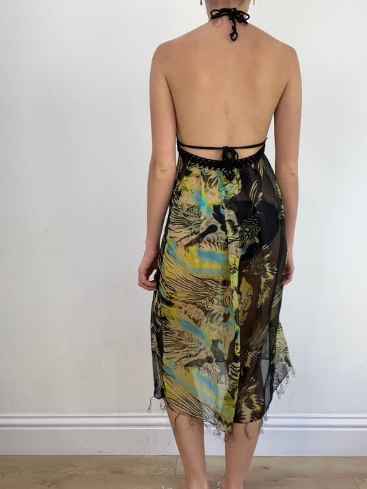 summer edit | small green and brown halter neck dress with abstract print