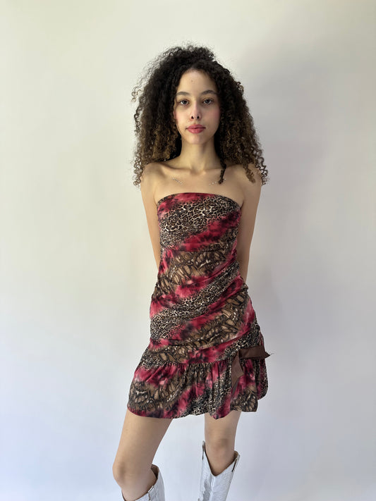 festival drop | small pink leopard print bandeau ruched mini dress