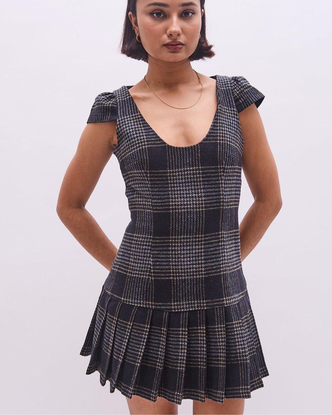 the alma dress in black tartan