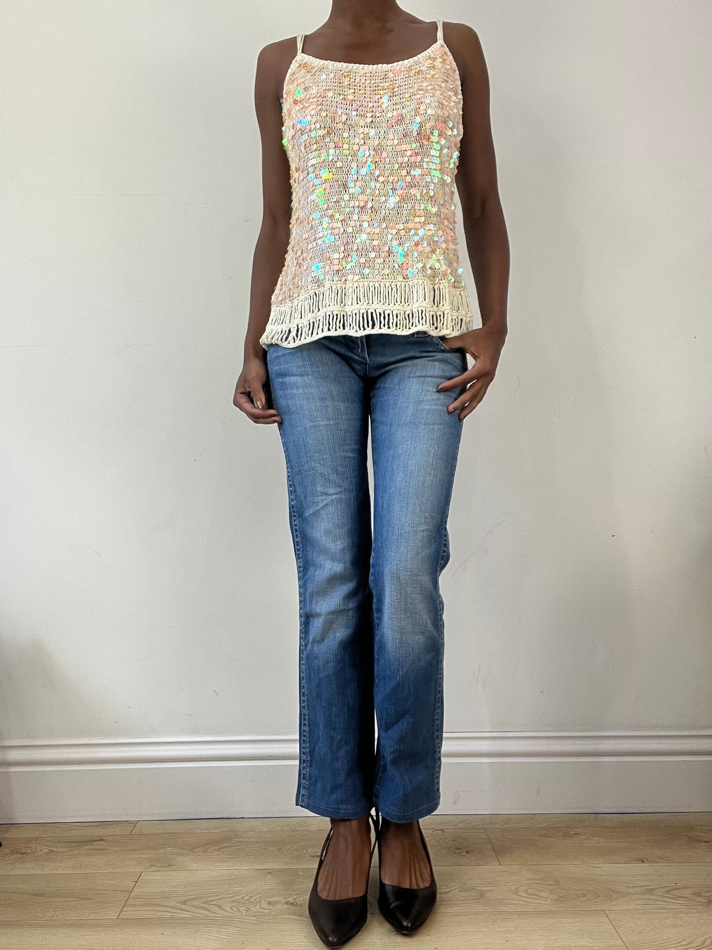 BEST PICKS | medium white sequin and crochet cami top