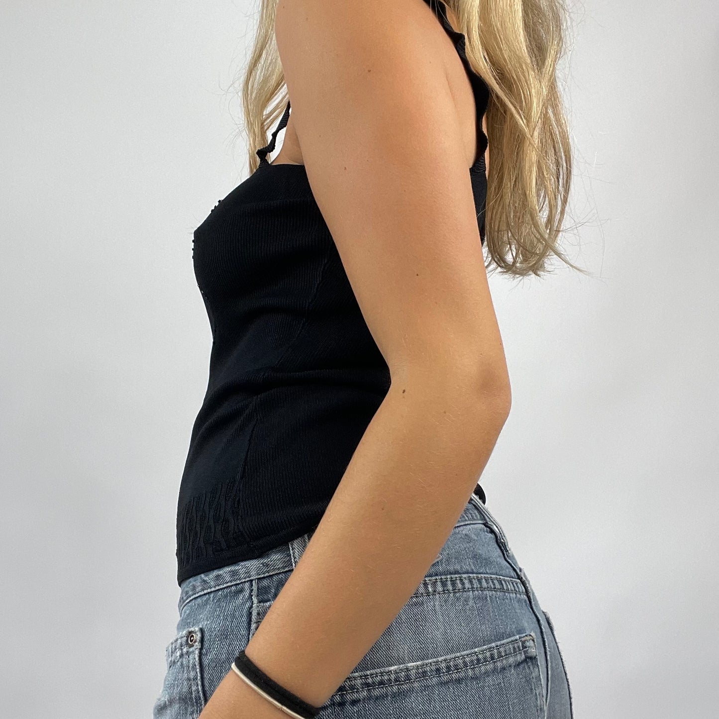 GRUNGE COQUETTE DROP | small black ribbed top with beads
