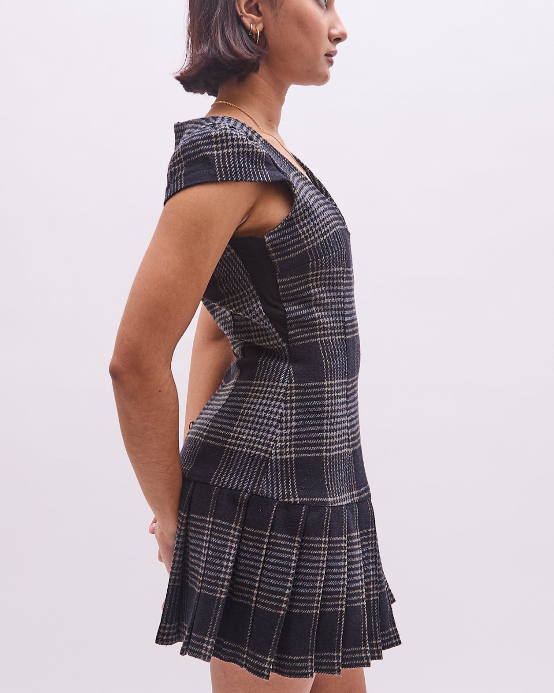 the alma dress in black tartan