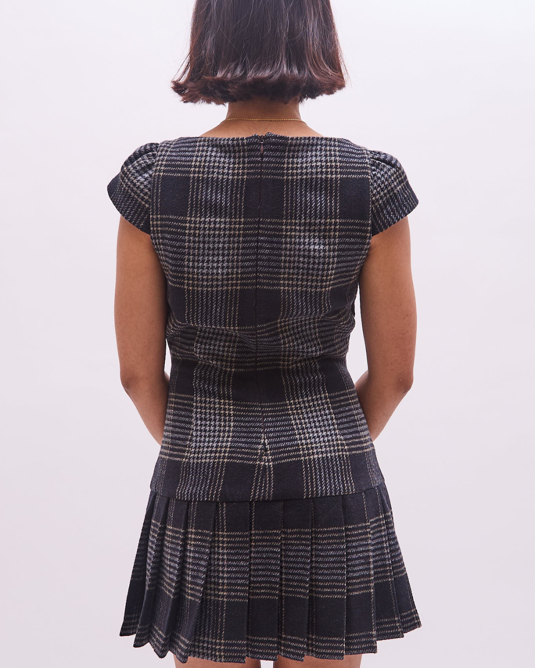 the alma dress in black tartan