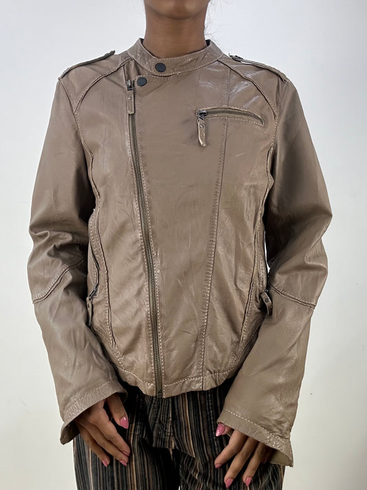 BEST PICKS | small/medium brown leather asymmetric zip jacket