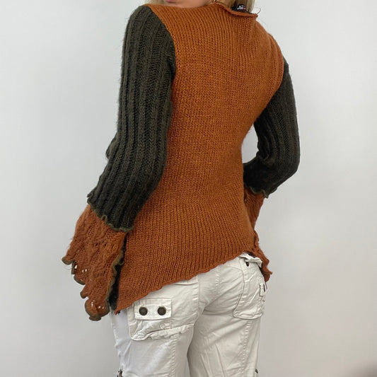 ETHEREAL GIRL DROP | medium brown and orange knitted asymmetric cardigan with beaded safety pin closure
