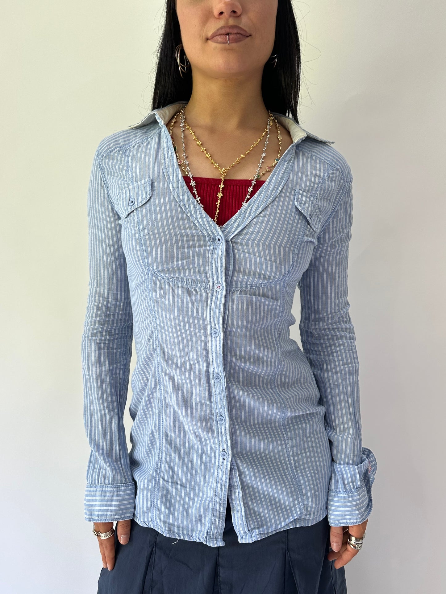 sailor drop | extra small blue pinstripe button up top