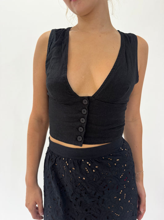 french summer drop | small black linen waist coat style top