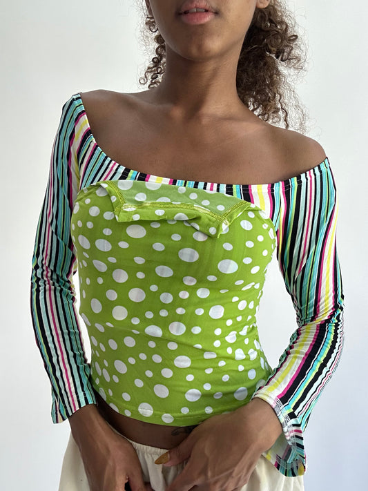 ‼️ | small green striped polka dot long sleeve top