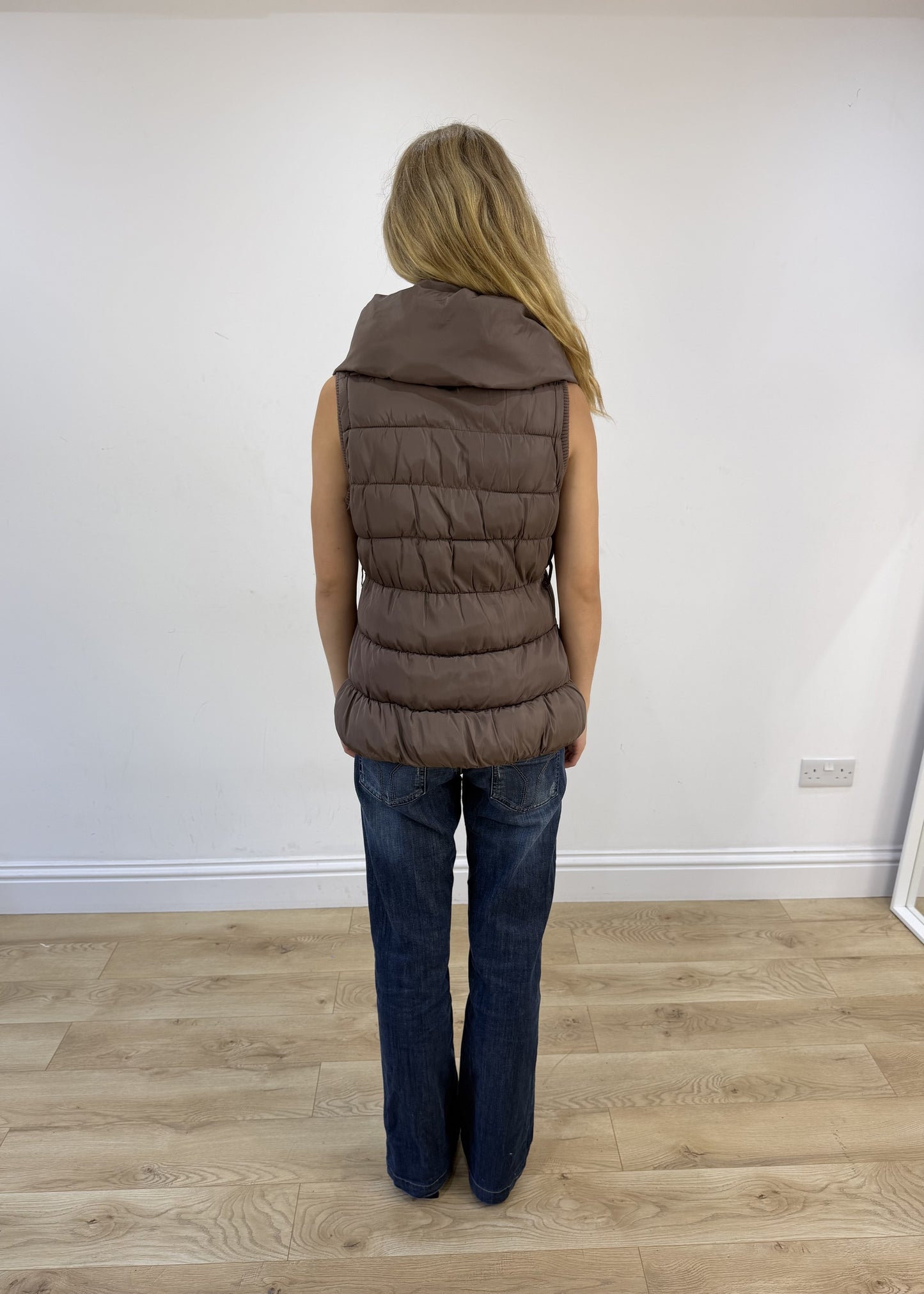 large brown puffer gilet