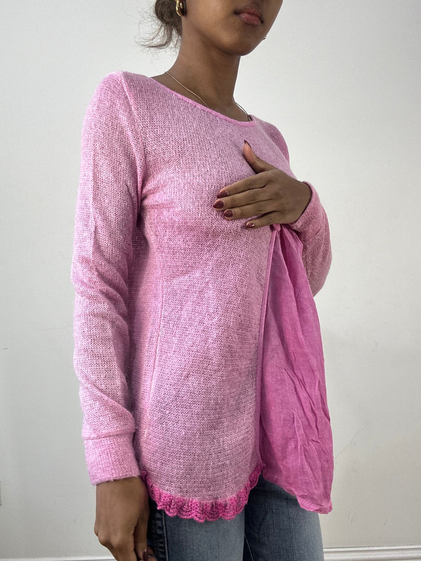 winter edit | small pink sheer knit jumper with ruffle hem detail