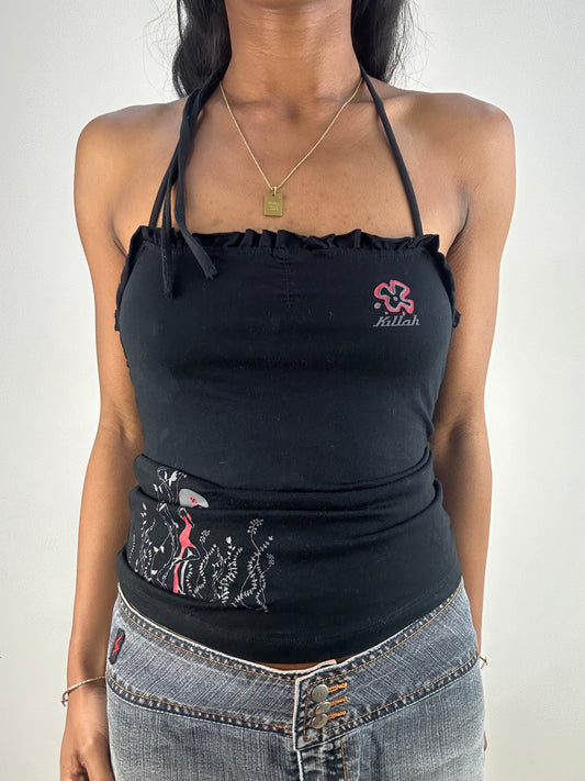 vintage edit eighteen | small black killah by miss sixty graphic halterneck top