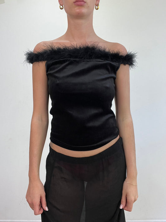 vintage edit: wedding guest | small black velour style off the shoulder top