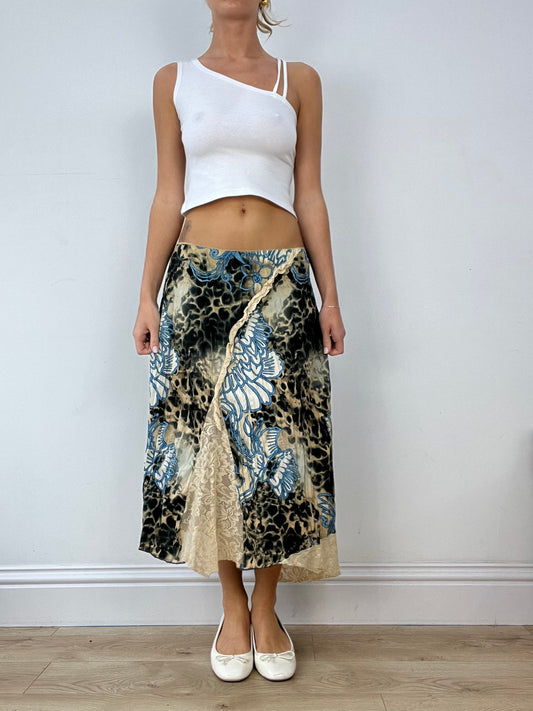 BUFFY THE VAMPIRE SLAYER | medium beige and blue leopard print maxi skirt