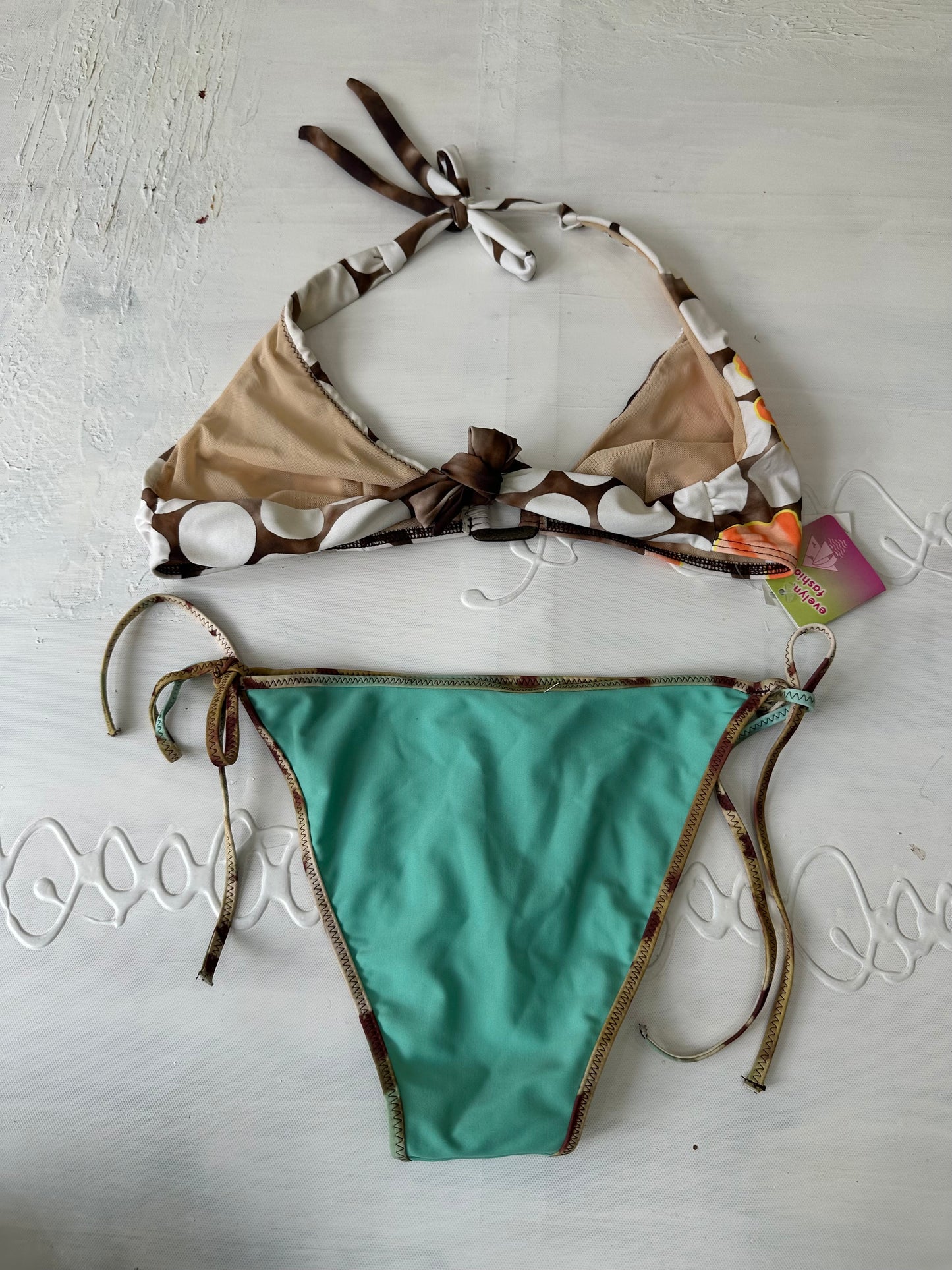 vintage edit twenty-seven | small brown beaded bikini top and blue patterned bikini bottoms