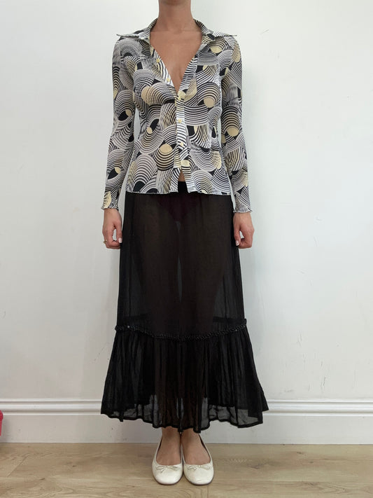vintage edit: wedding guest | small white black and beige long sleeve shirt swirl print