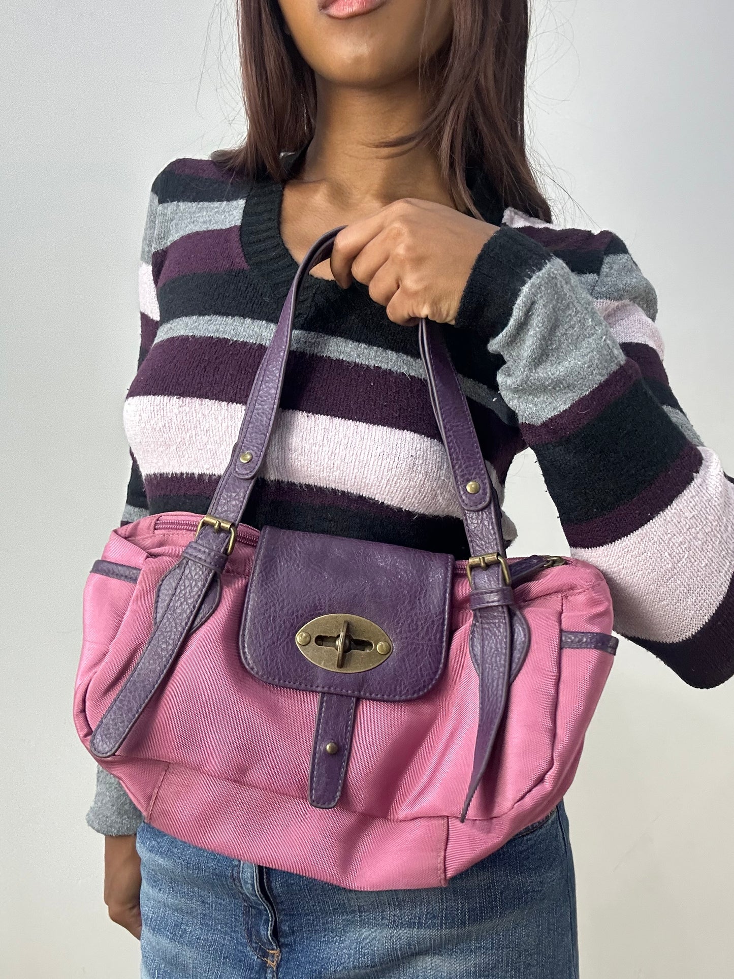 vintage edit thirty-three | pink shoulder bag with purple faux leather detail