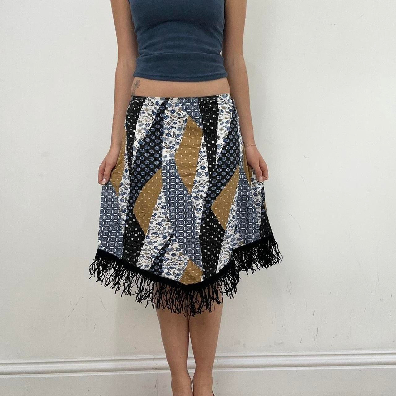 💻‼️ small blue and brown asymmetric midi skirt with patchwork print and tassel trim