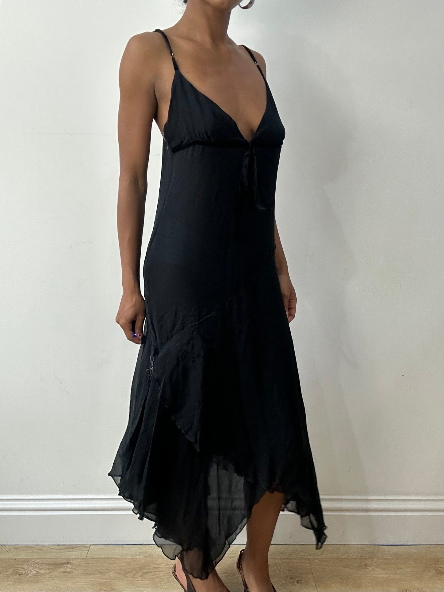 midsummer edit | medium black maxi dress with asymmetric trim