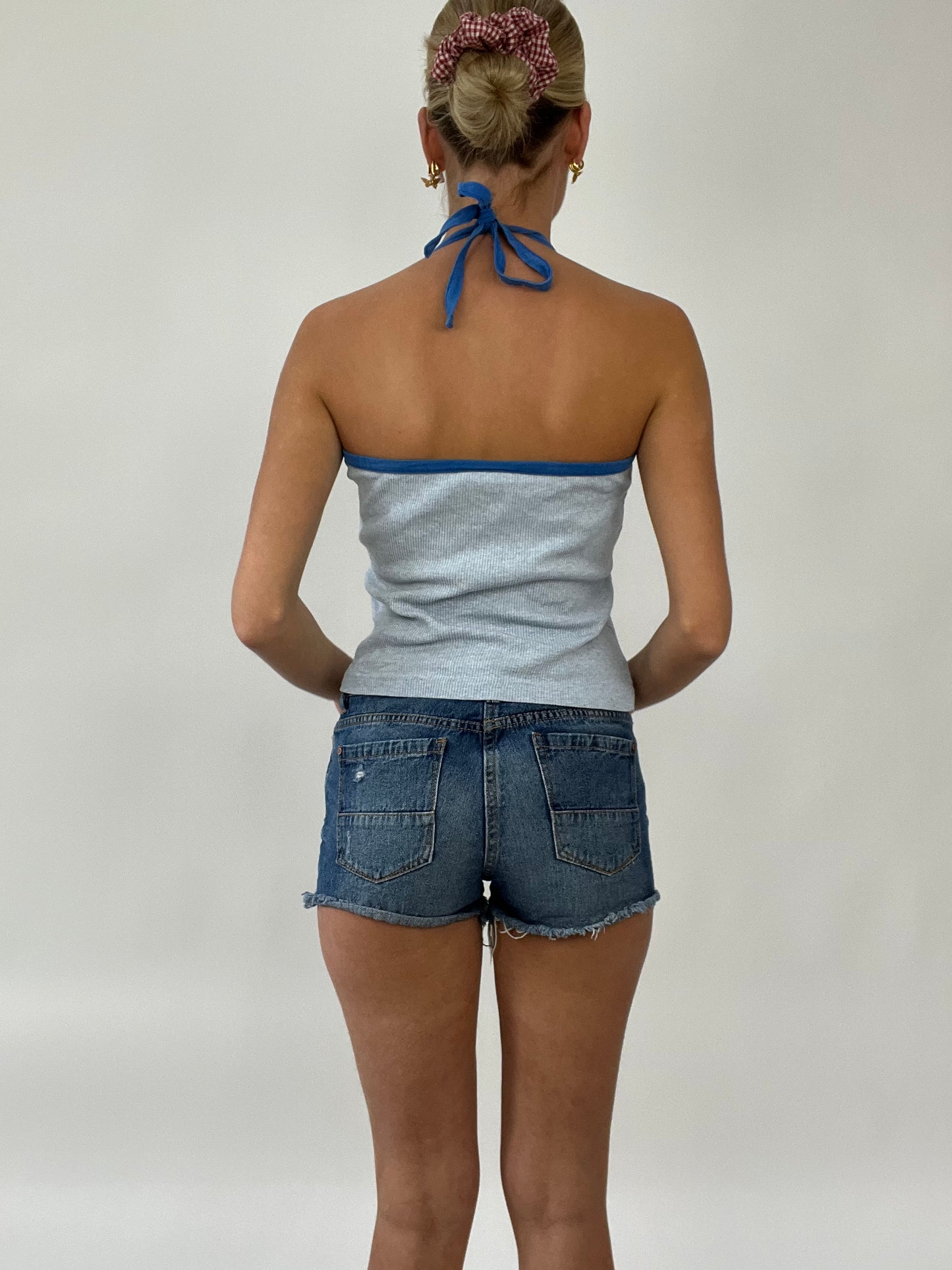 COCONUT GIRL DROP | small grey and blue halterneck top with ‘oneill’ spell out