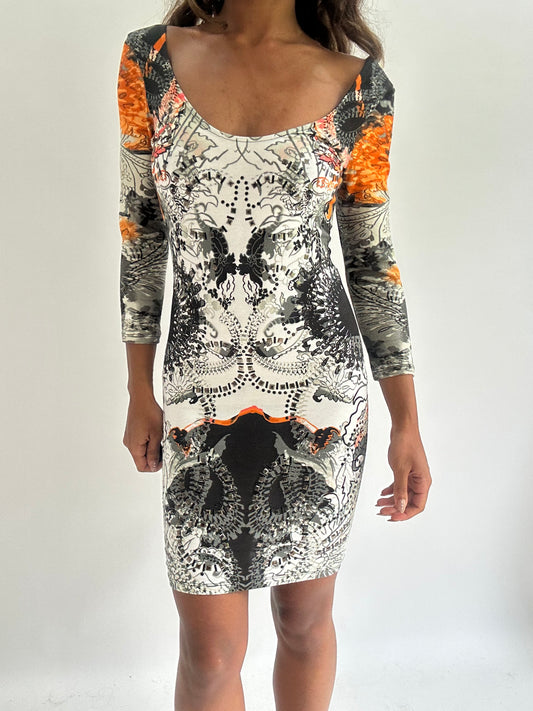 wedding guest drop | extra small white old river island patterned mini dress