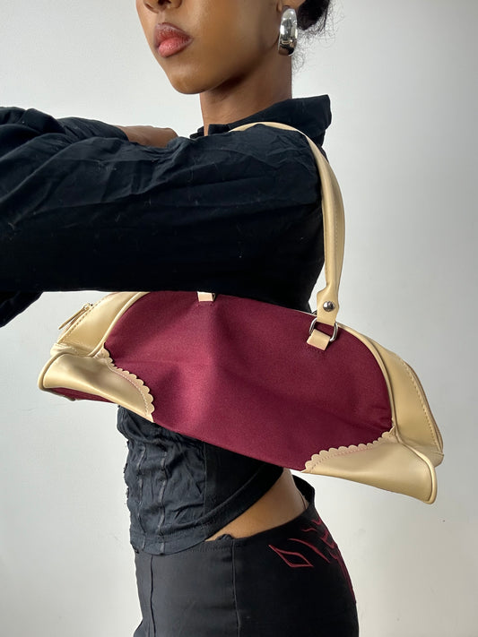 vintage edit thirty-two | burgundy and cream handbag with scalloped detail