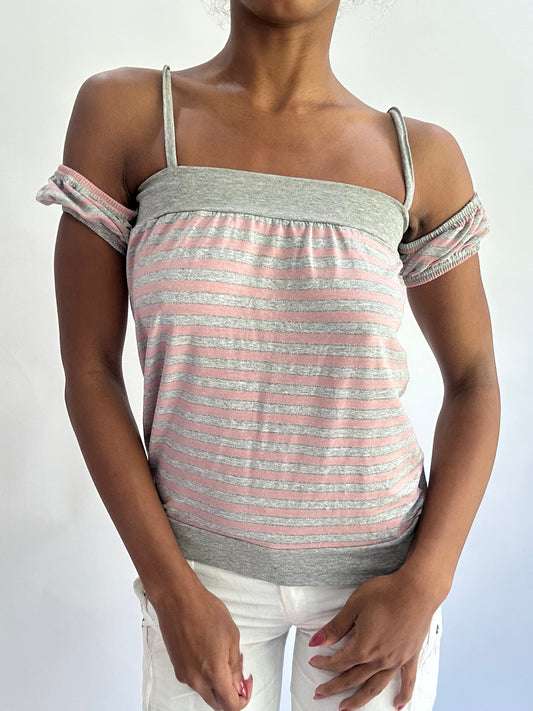 olivia rodrigo drop | extra small pink and grey off the shoulder top
