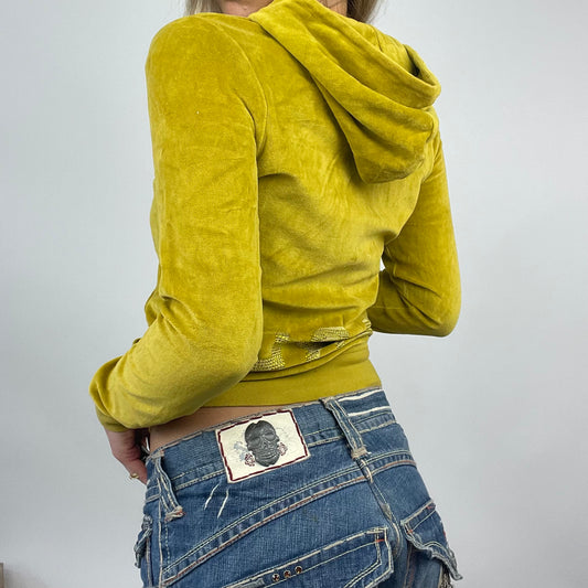 💻 PARIS HILTON DROP | small yellow/ green velour zip up hoodie with diamanté “babe” back