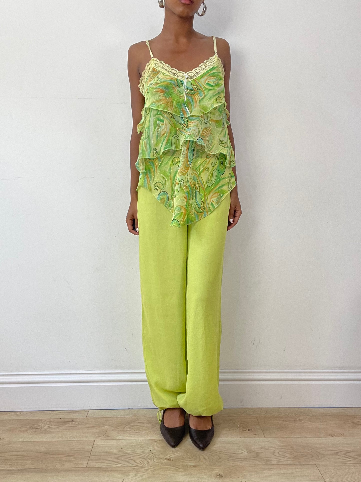 vintage edit twenty-seven | small green ruffle cami top with lace detail