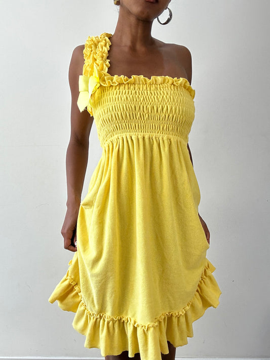 vintage edit twenty-seven | extra small yellow one shoulder towelling mini dress with ribbon detail