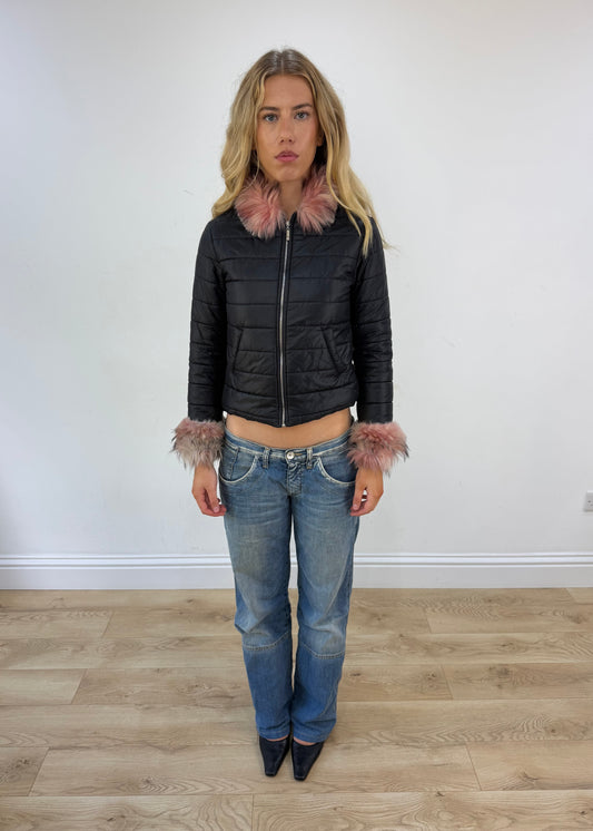 small black puffer jacket with pink fur