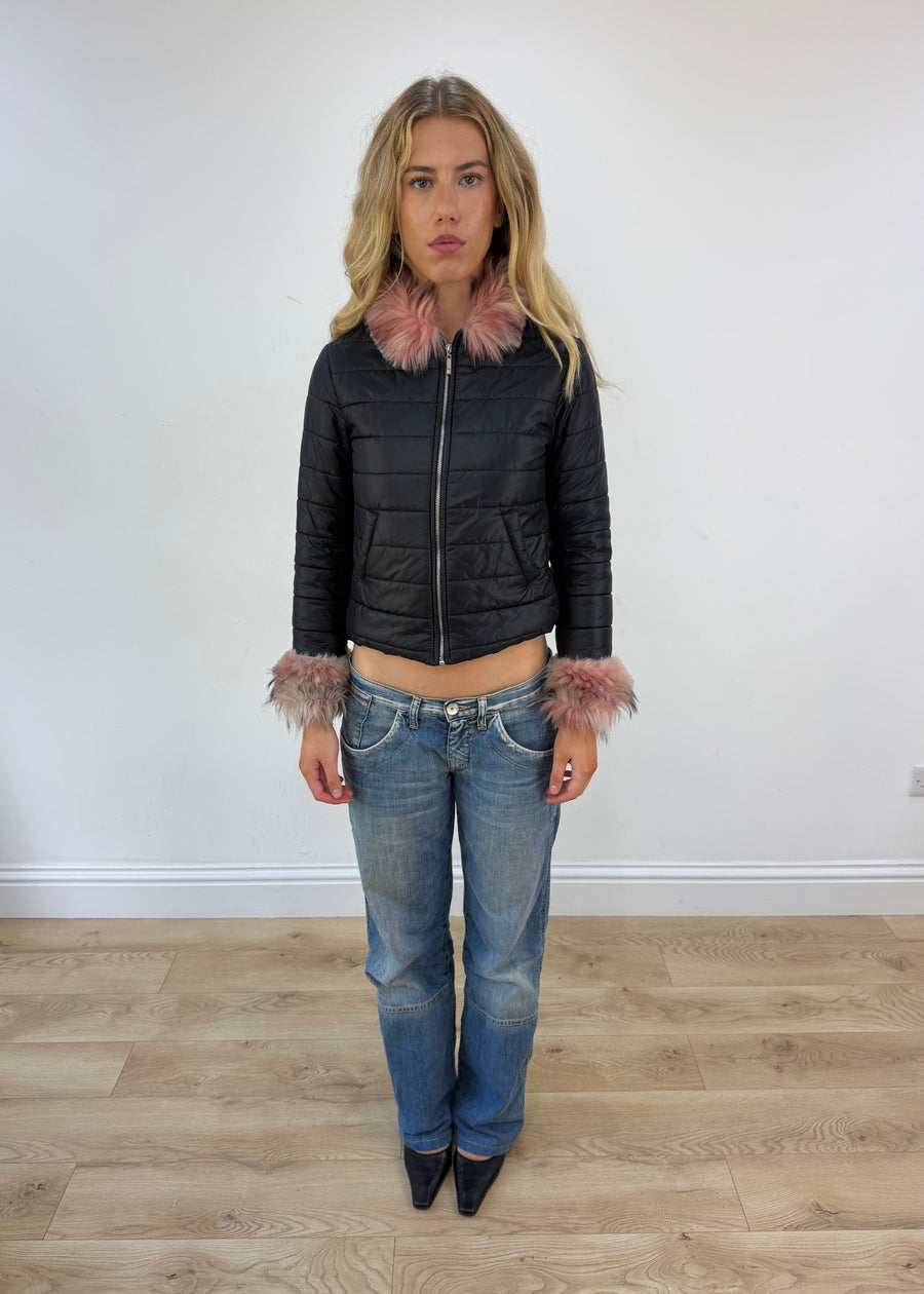 small black puffer jacket with pink fur
