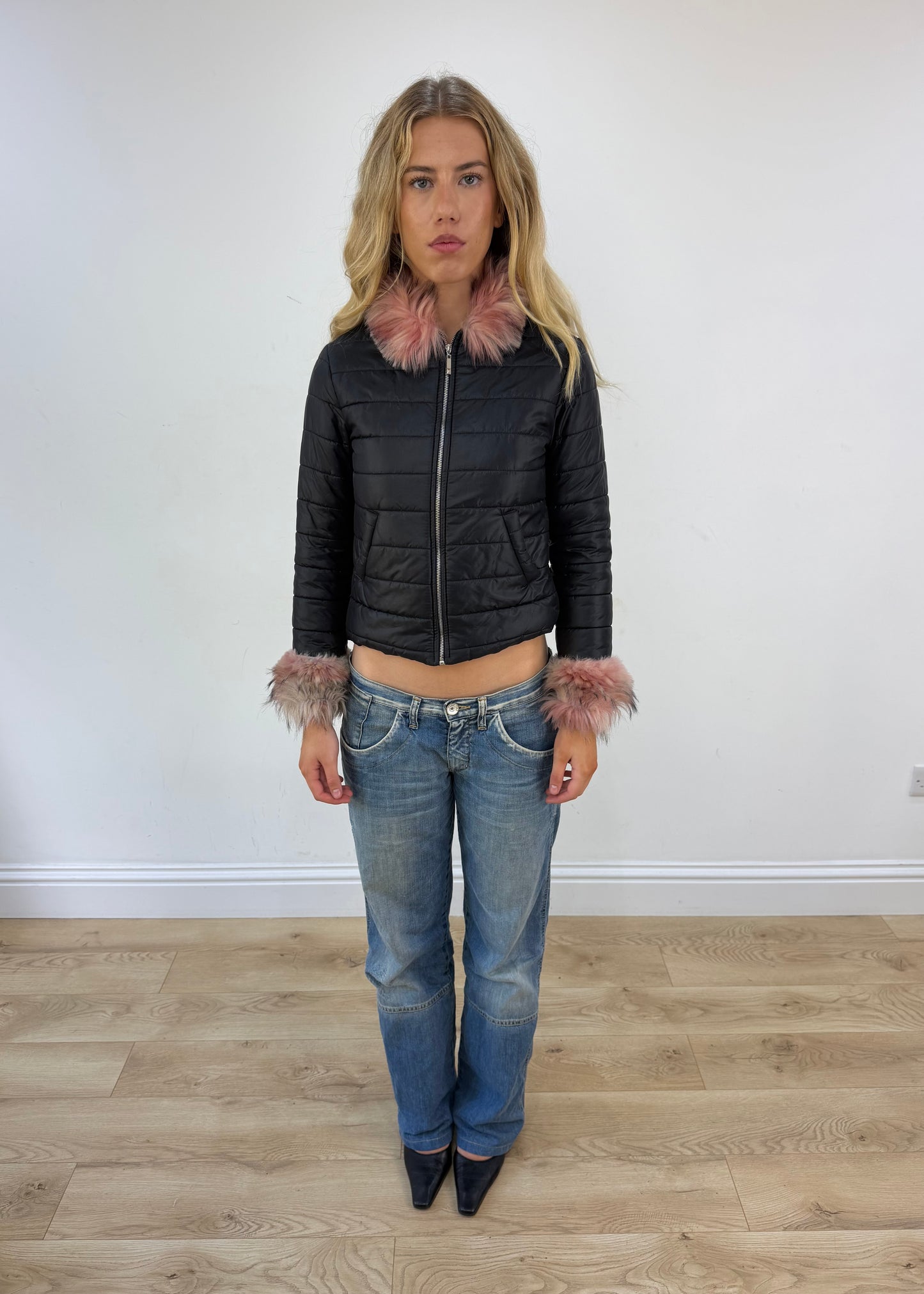 small black puffer jacket with pink fur
